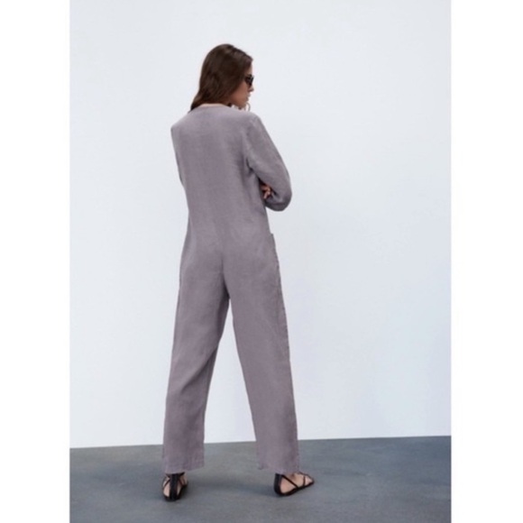New! Zara The Lillian Gray 100% Linen ButtonFront Jumpsuit Small - Picture 4 of 11